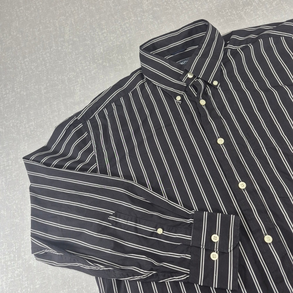 Nautica Mens Large Black White Striped Button Down Shirt 100% Cotton Long Sleeve